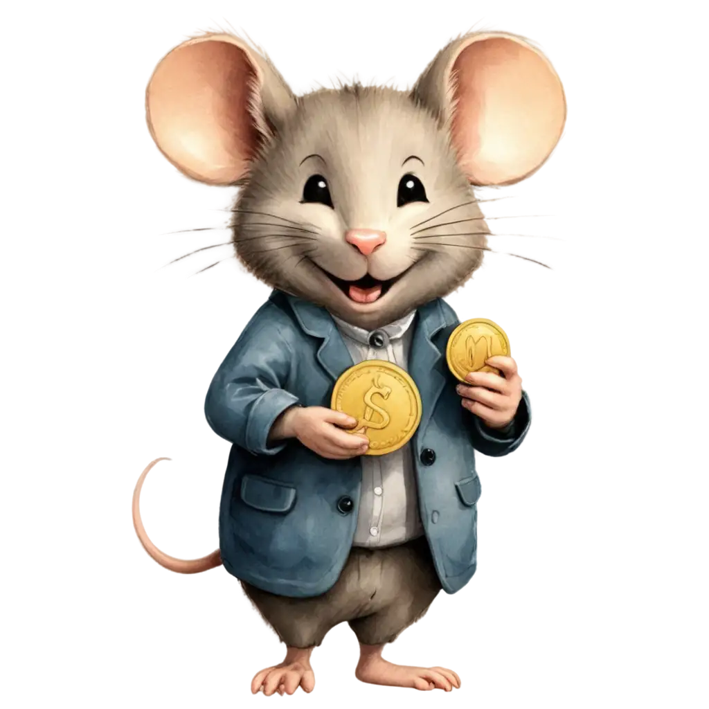 A cute little mouse, happily holding a gold coin, in a pencil sketch style