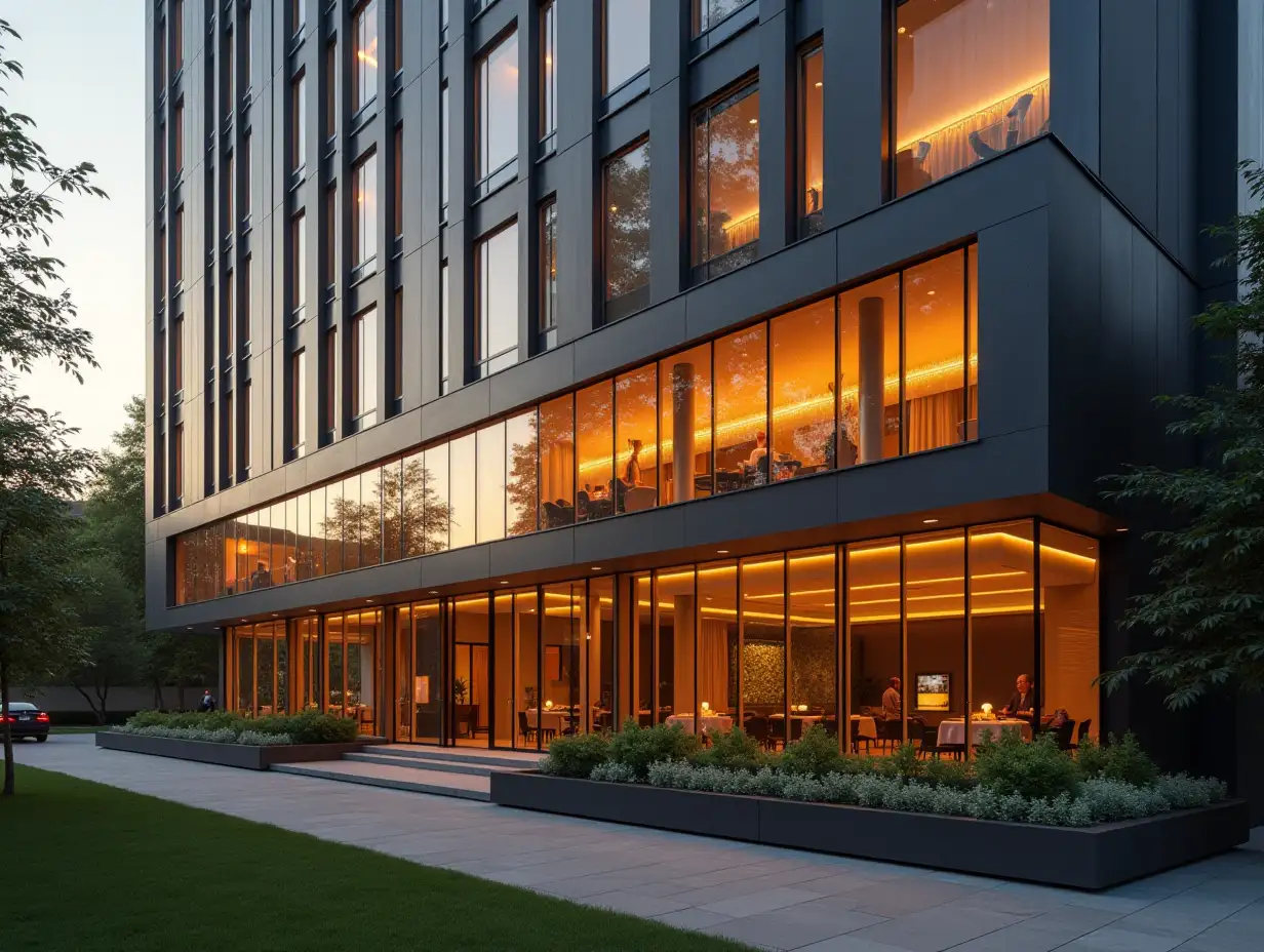 slow motion of the hotel’s exterior in the late afternoon, with golden light bouncing off its glass windows