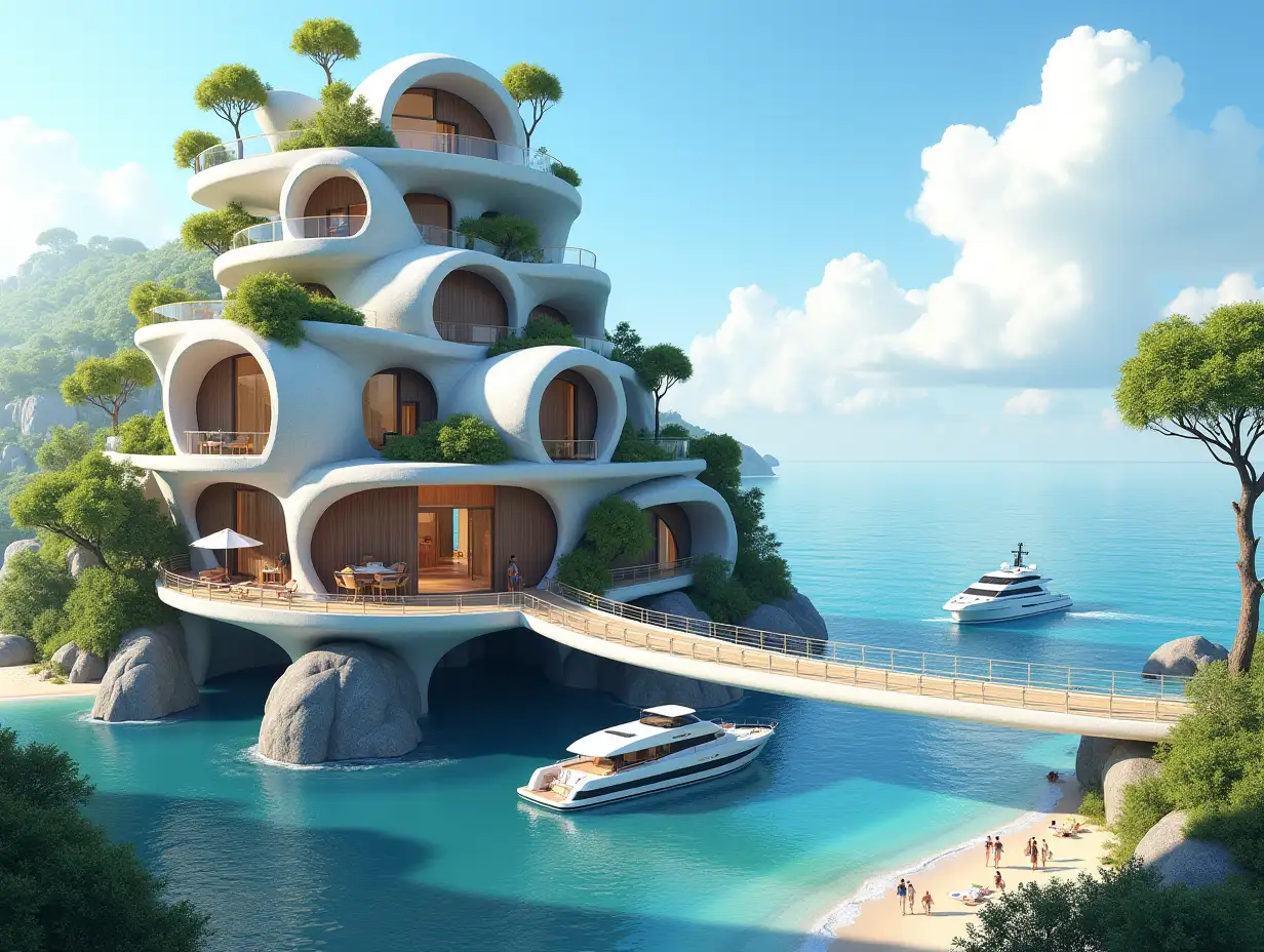 Create a high-resolution, realistic panoramic image of a futuristic terrace building with snail-house windows with a bridge, a yacht and a small beach with people, many plants and grey and brown facades with sea with waves, big trees, blue sky