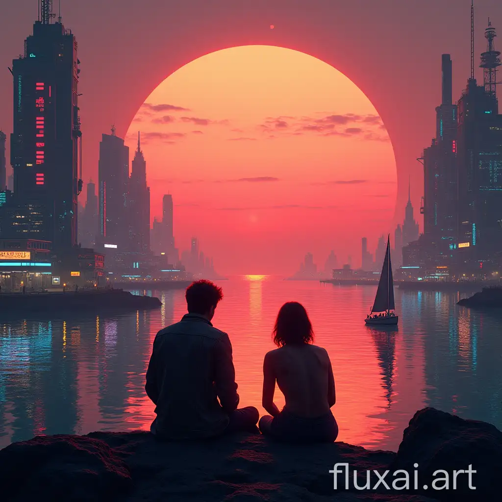 A future city in cyberpunk style. At sunset, which goes into the sea, two people sit with their backs to us, watching this spectacle. A huge disk of the planet takes up half the sky, emphasizing that the action takes place not on Earth. On the horizon is a sailboat, which sails by the sea. The architecture of the city is made in cyberpunk style: neon lights, high buildings with futuristic elements, and cybernetic details everywhere. The atmosphere is mysterious and captivating, combining elements of futurism and romance.