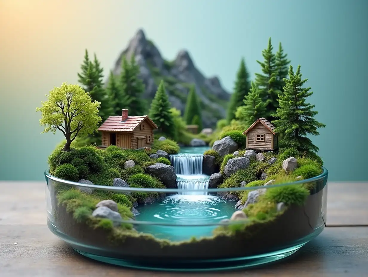 Small waterfalls, with houses, mountains, trees and a small pond in a glass container