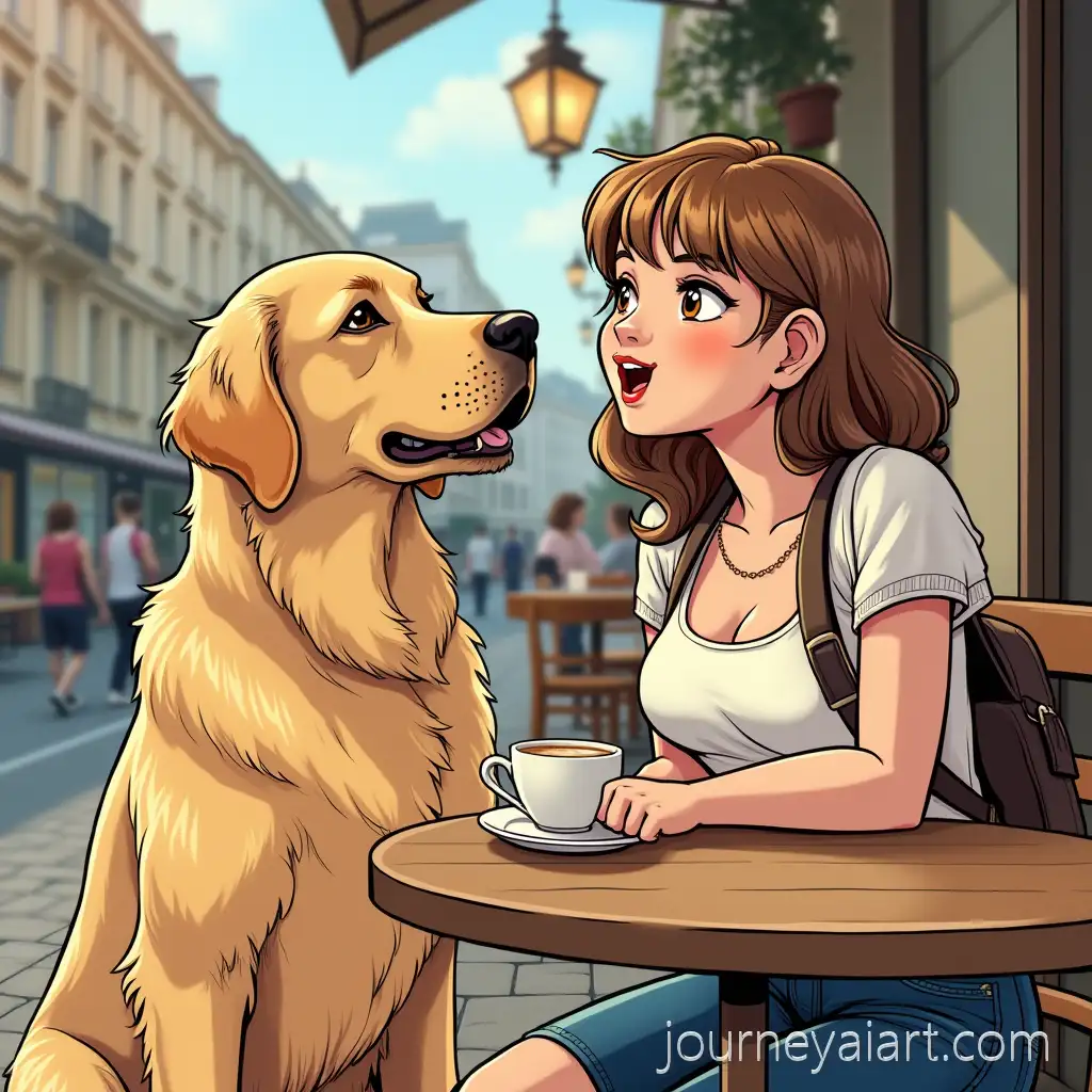 Ukrainian-Woman-at-CafUkrainian-woman-at-caf-Meets-Friend-with-Golden-Retriever-Smile-in-Comic-Style