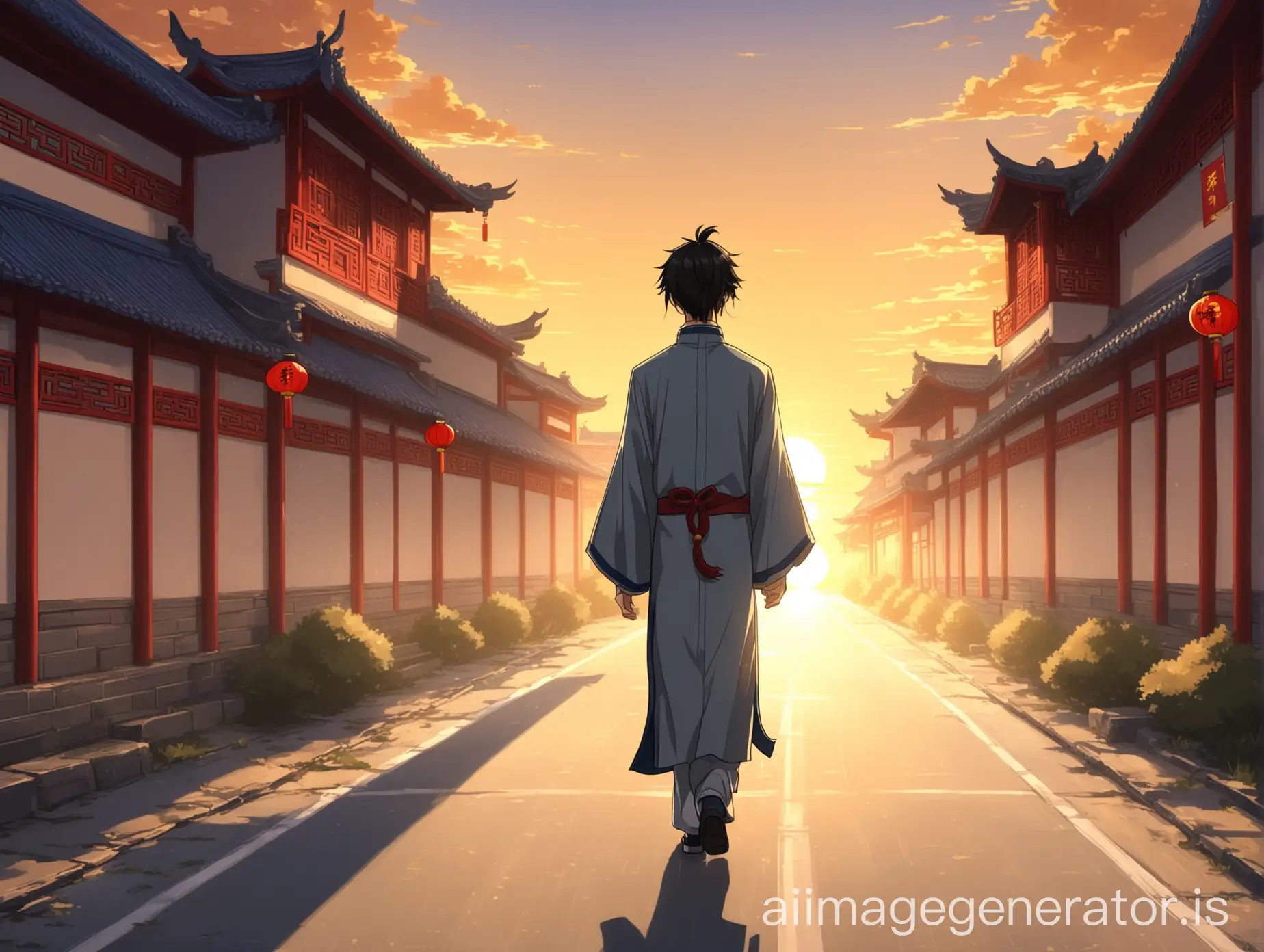 Anime college student walking toward sunrise on road, handsome China style