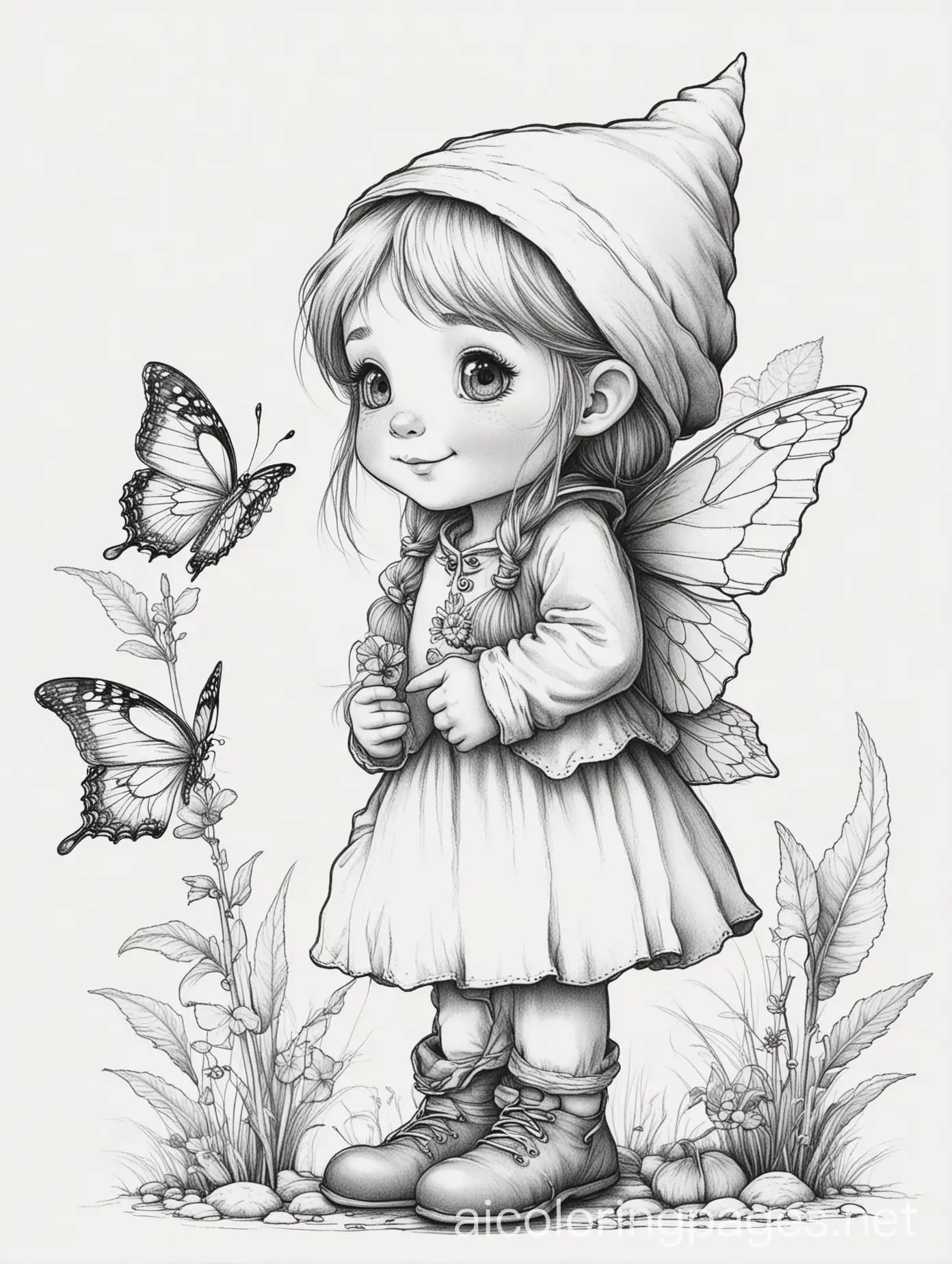 Adorable-Girl-Gnome-Observing-a-Butterfly-in-Black-and-White-Line-Art