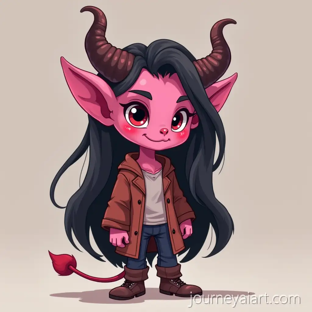 Pink-Tiefling-Character-with-Modest-Clothing-andPink-Tiefling-cartoon-Black-Horns-in-Cartoon-Style