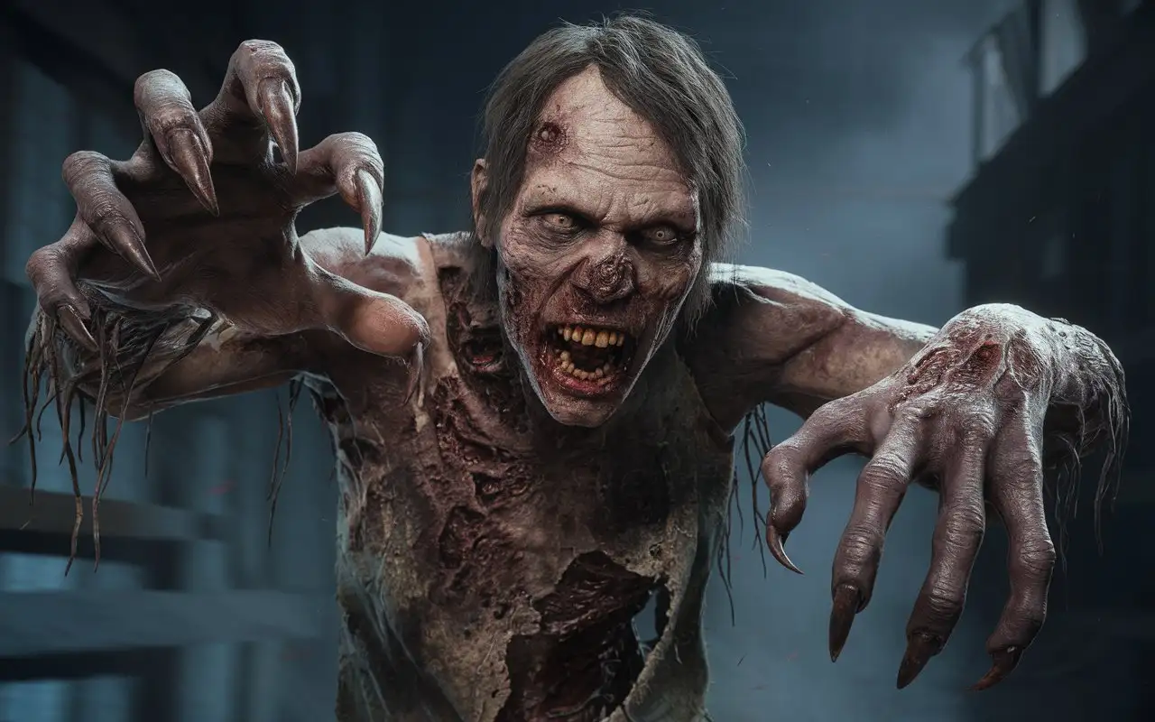 A ugly rotted zombie with long nasty fingernails and toenails stretches his arms out in front of him trying to get to his victim. hyper-realism, cinematic, high detail, photo detailing, high quality, photorealistic, terrifying, aggressive, teeth-fangs, dark atmosphere, realistic detailed, detailed nails, horror, atmospheric lighting, full anatomical.