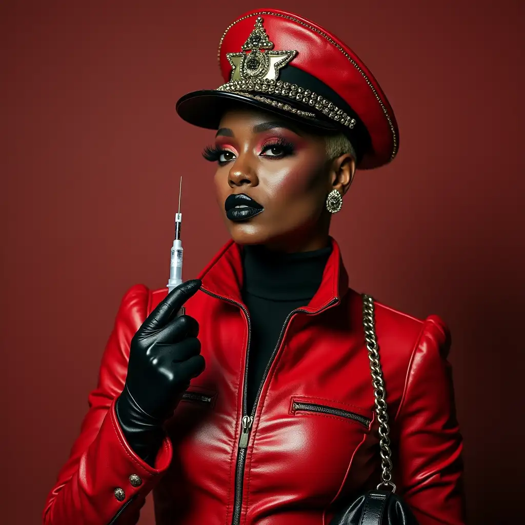 Dark-African-Drag-Queen-Cynthia-Erivo-in-Red-Studded-Leather-Outfit-Holding-Injection-Needle