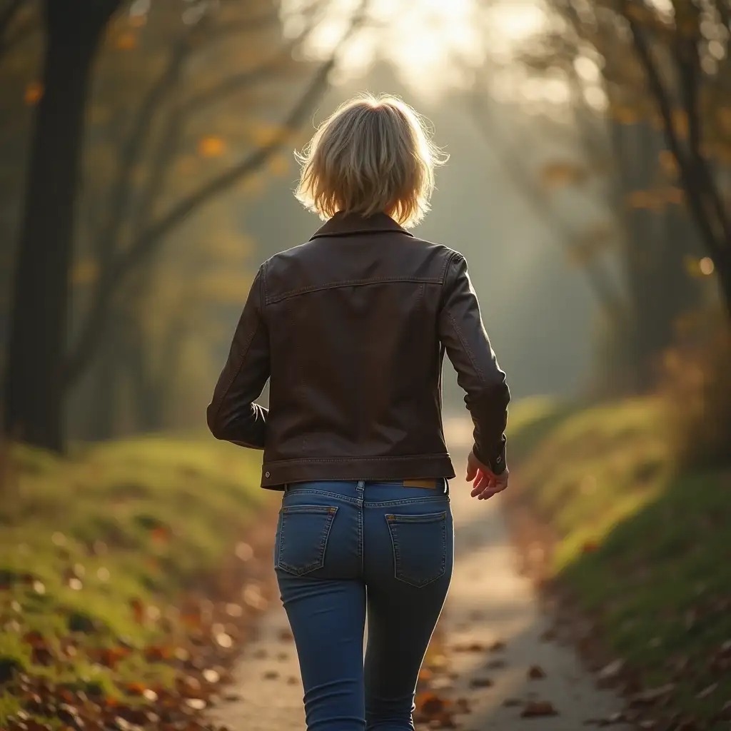 WomanWoman-running-away-Running-Away-with-Short-Blond-Hair-in-Jeans