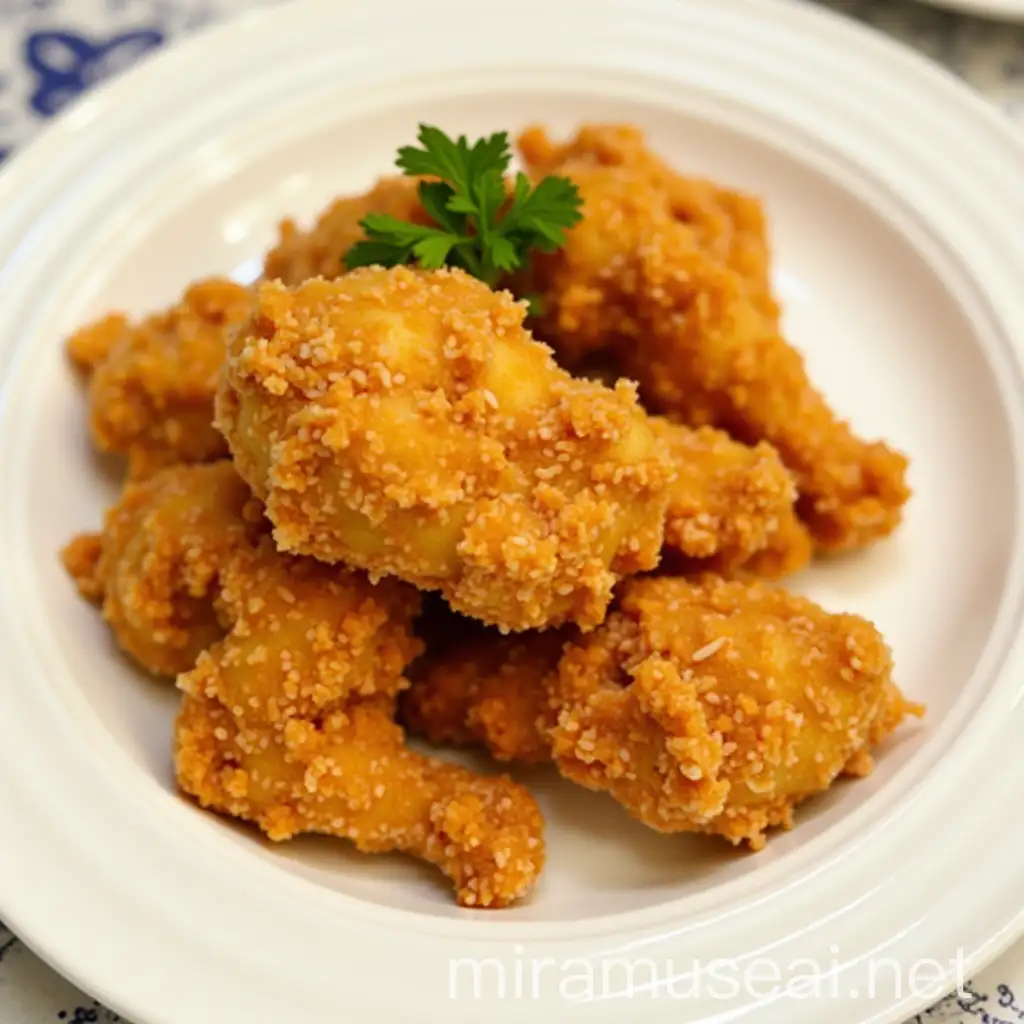 Crispy Fried Chicken on a White Plate with Fresh Herbs