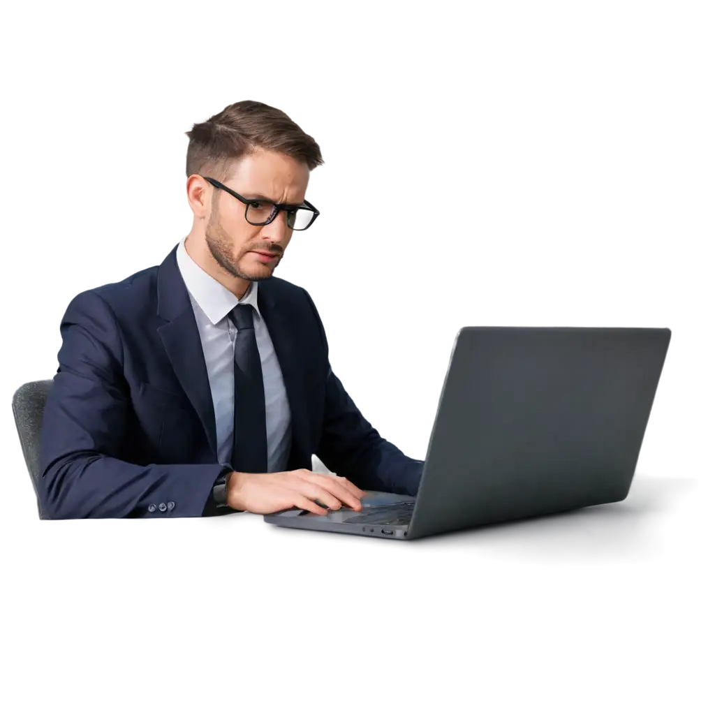 Realistic-PNG-Image-Man-in-Suit-Working-on-Laptop-with-Worried-Expression