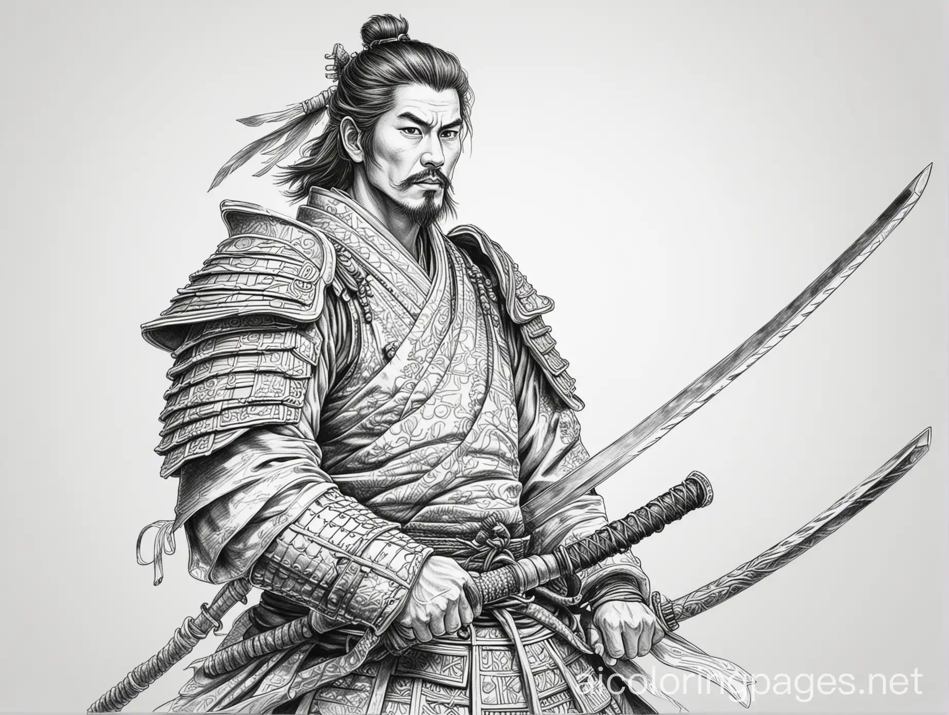 samurai, Coloring Page, black and white, line art, white background, Simplicity, Ample White Space. The background of the coloring page is plain white to make it easy for young children to color within the lines. The outlines of all the subjects are easy to distinguish, making it simple for kids to color without too much difficulty