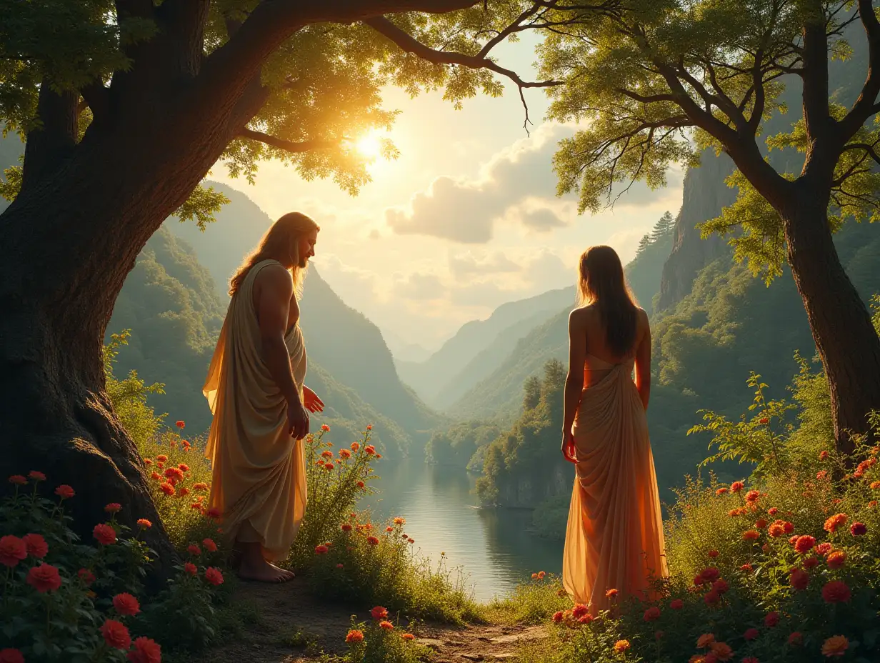 Adam and Eve at the garden of Eden enjoying the glorious scenery and the fullness of God's creation