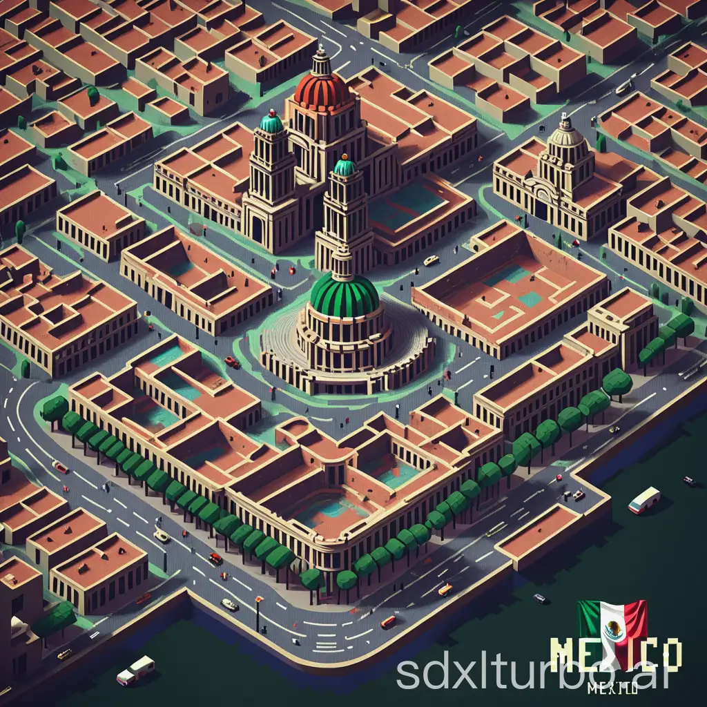 draw an old map, pixel art style, of mexico city