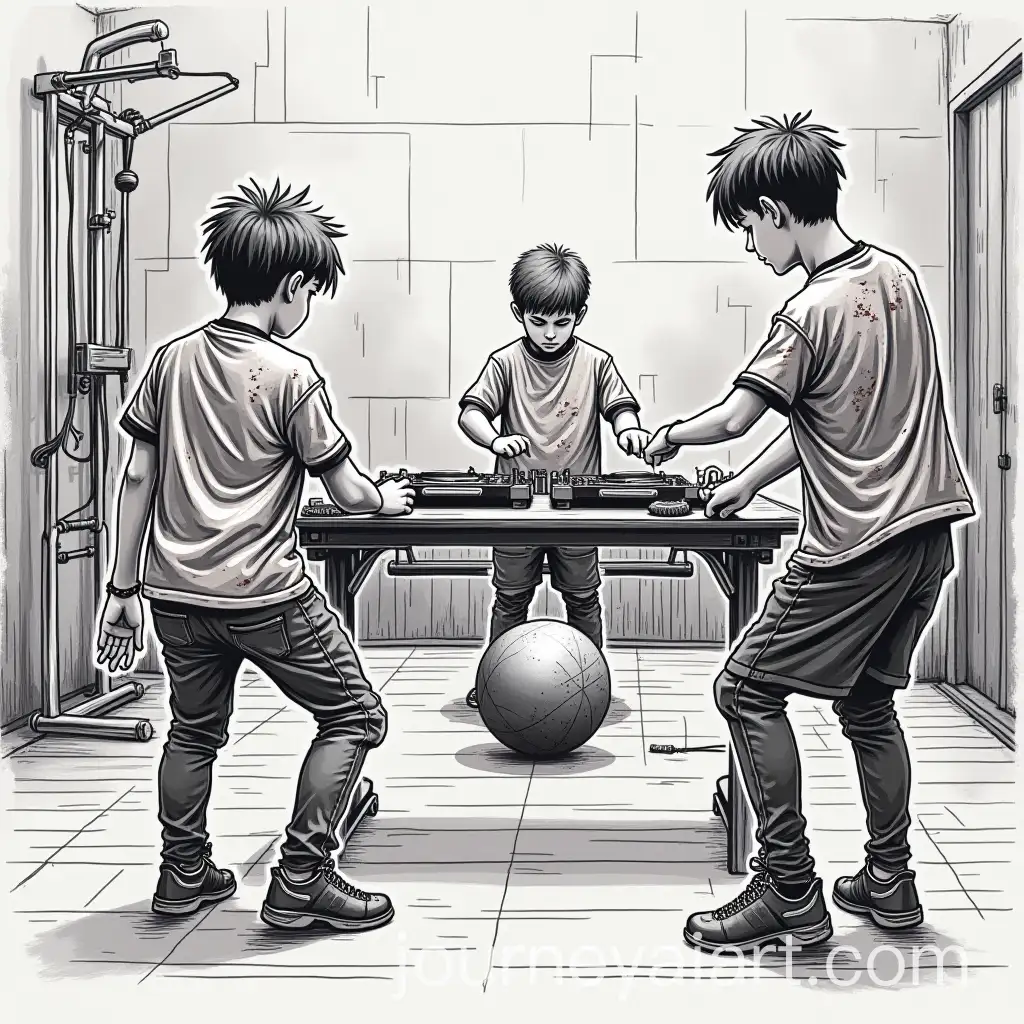 Three-Boys-DJing-at-Gym-with-Abstract-Shirts-and-Audience-in-Front-of-Ball