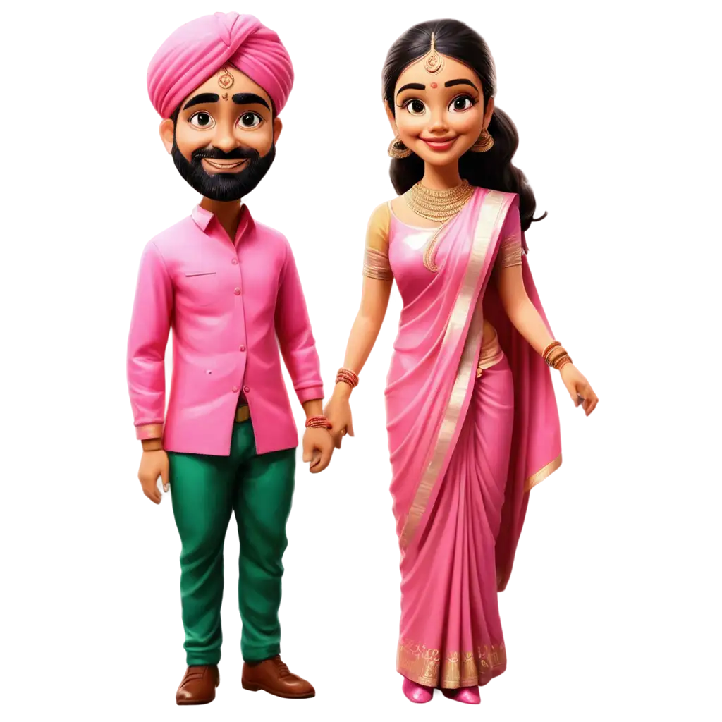 South-Indian-Wedding-Caricature-PNG-Bride-in-Pinkish-Saree-and-Groom-in-Lungi