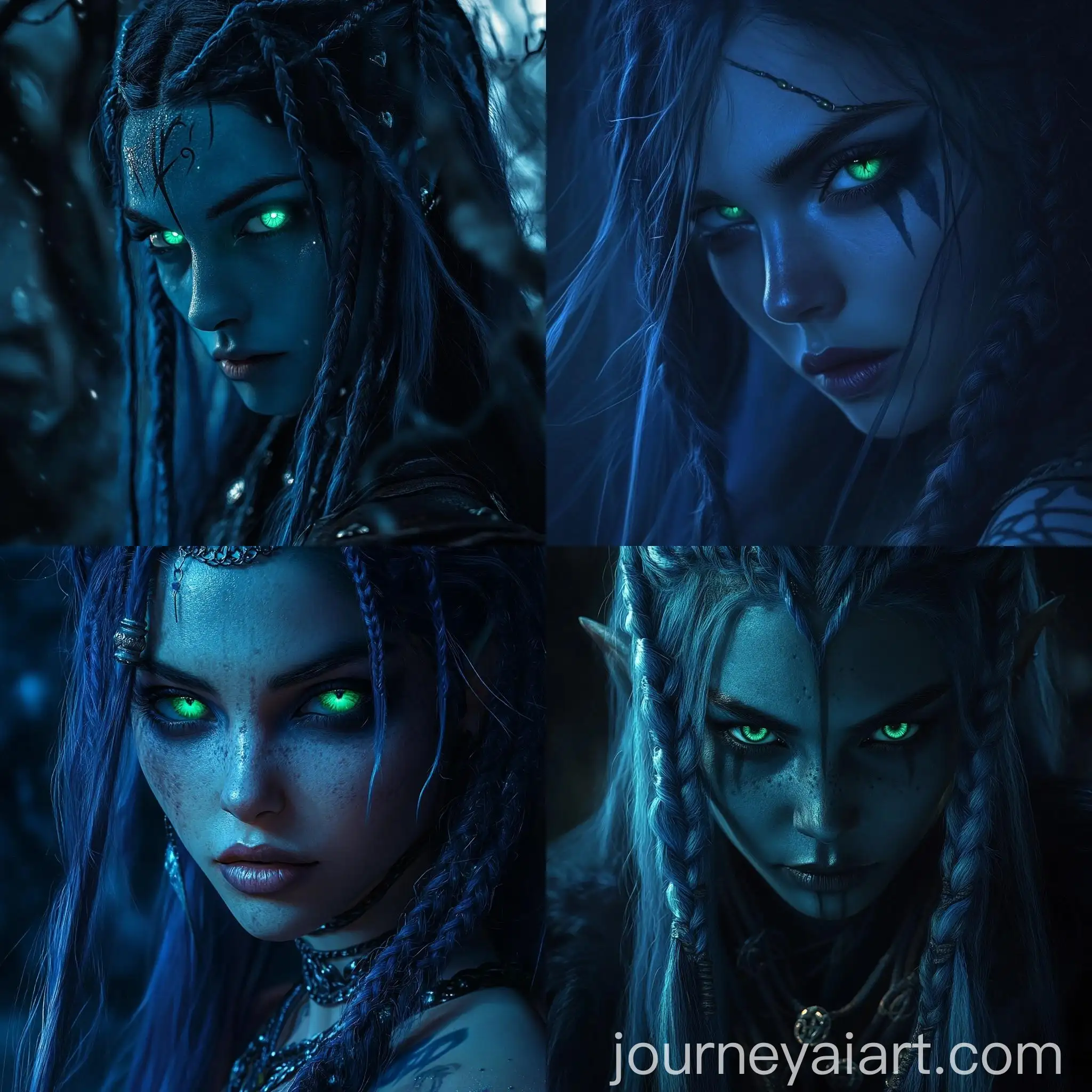 Female-Drow-with-Cyan-Skin-and-Emerald-Green-Eyes-in-Nocturnal-Fantasy-Setting