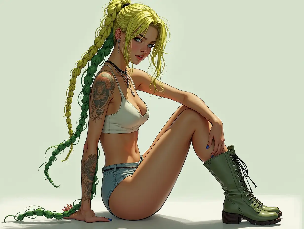 Depiction of a beautiful white woman with -tattoo, long mixed green-yellow braided hair in a futuristic style and laced boots.