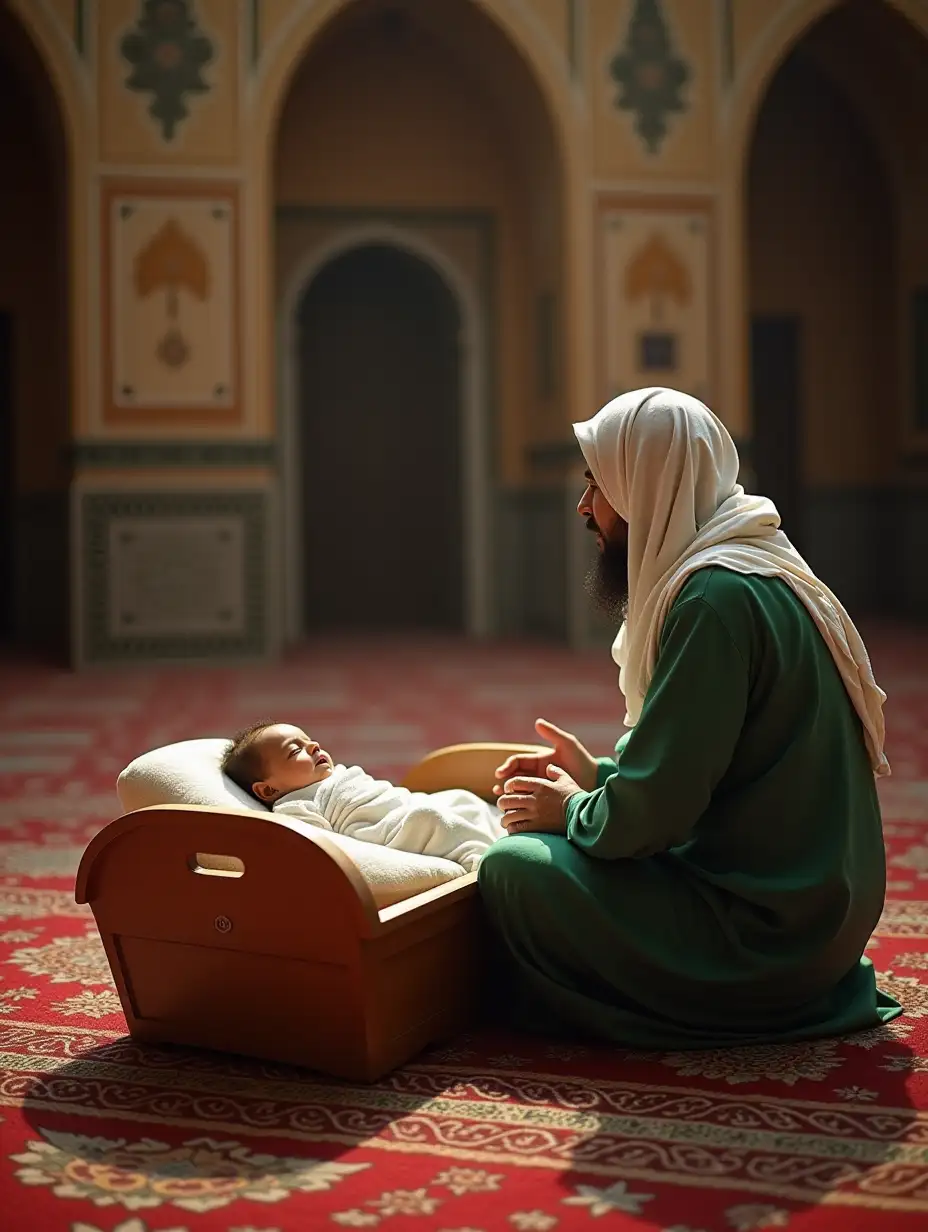 newborn in a wooden cradle and an arab man with green and white clothing near it in a sunni mosque on a carpet