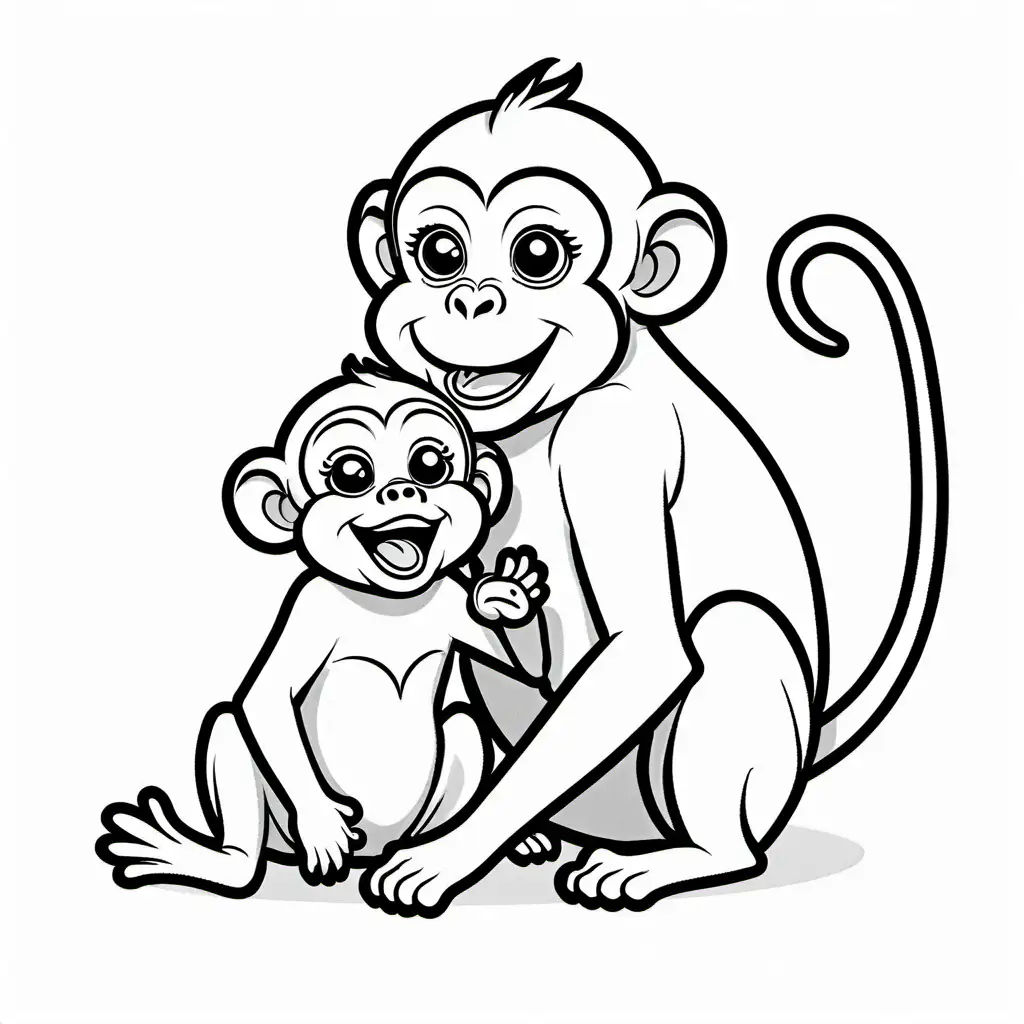monkey and baby monkey laughing, Coloring Page, black and white, line art, white background, Simplicity, Ample White Space