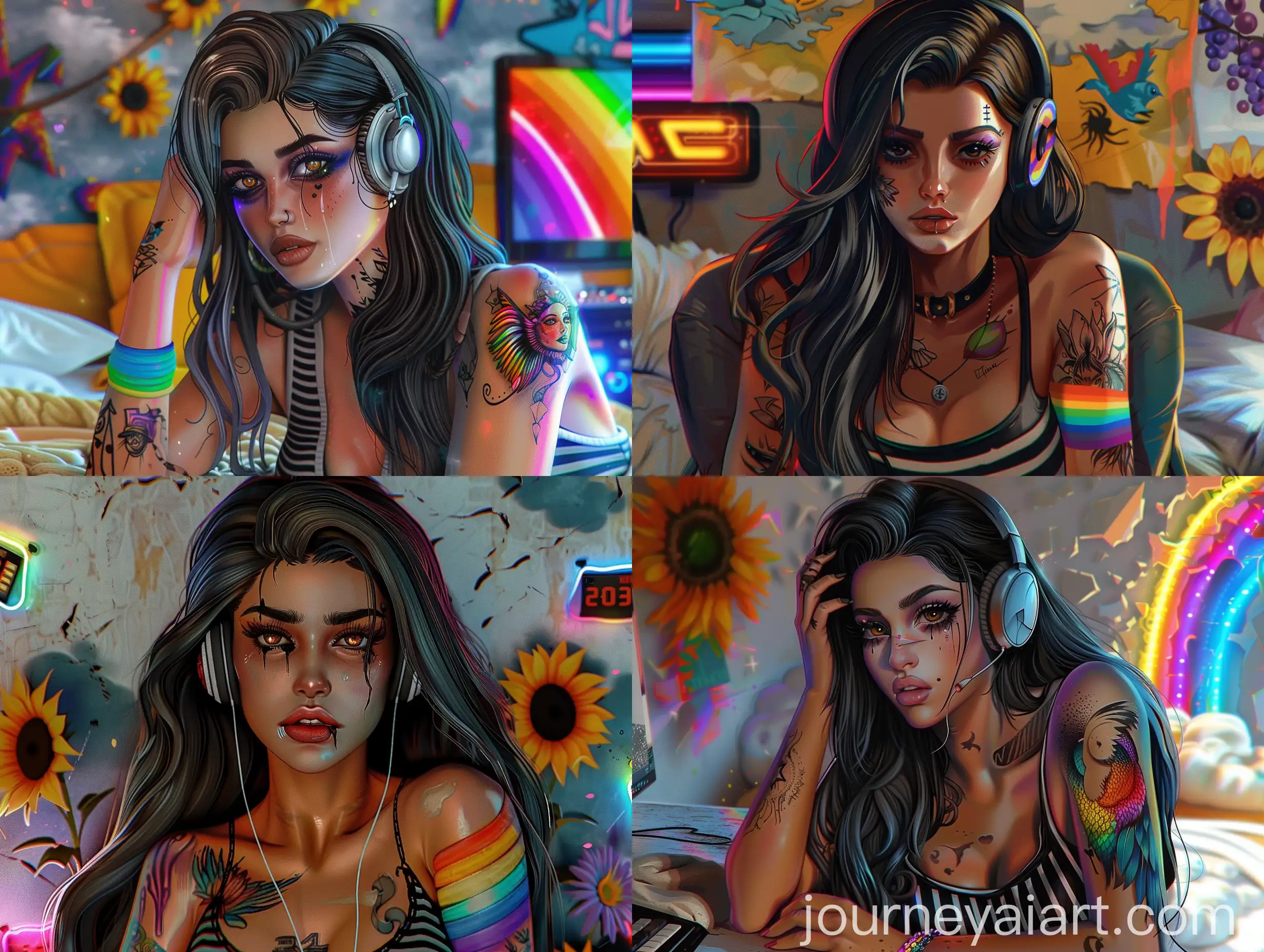 Surreal-Latina-Woman-in-Whimsical-Gothic-Bedroom-Playing-PC-with-Rainbow-Armband