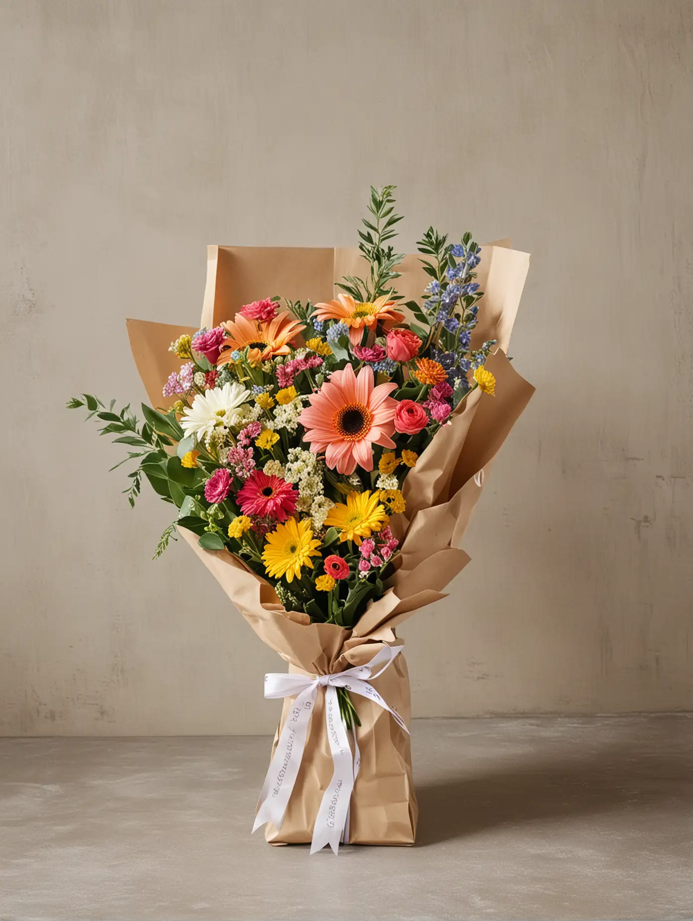 A summer bouquet in packaging with a ribbon against a wall