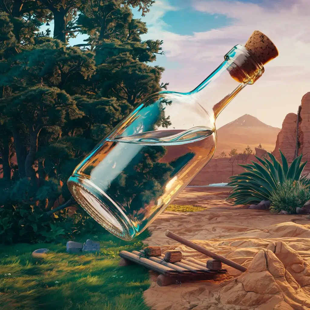 a bottle in front of different nature on one side, and the other with 3d special effects