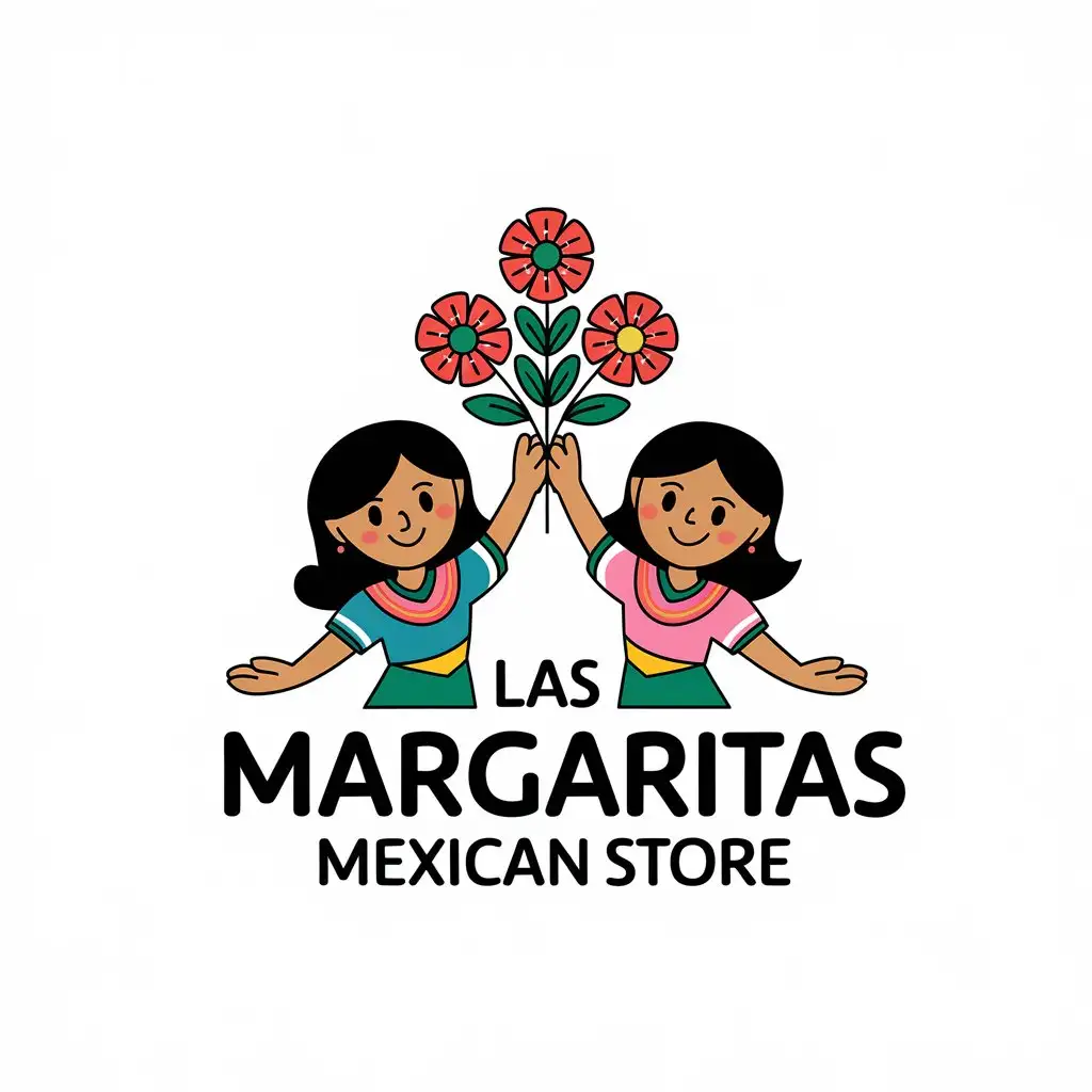 LOGO Design for Las Margaritas Mexican Store Two Cheerful Mexican Girls Holding Margarita Flowers