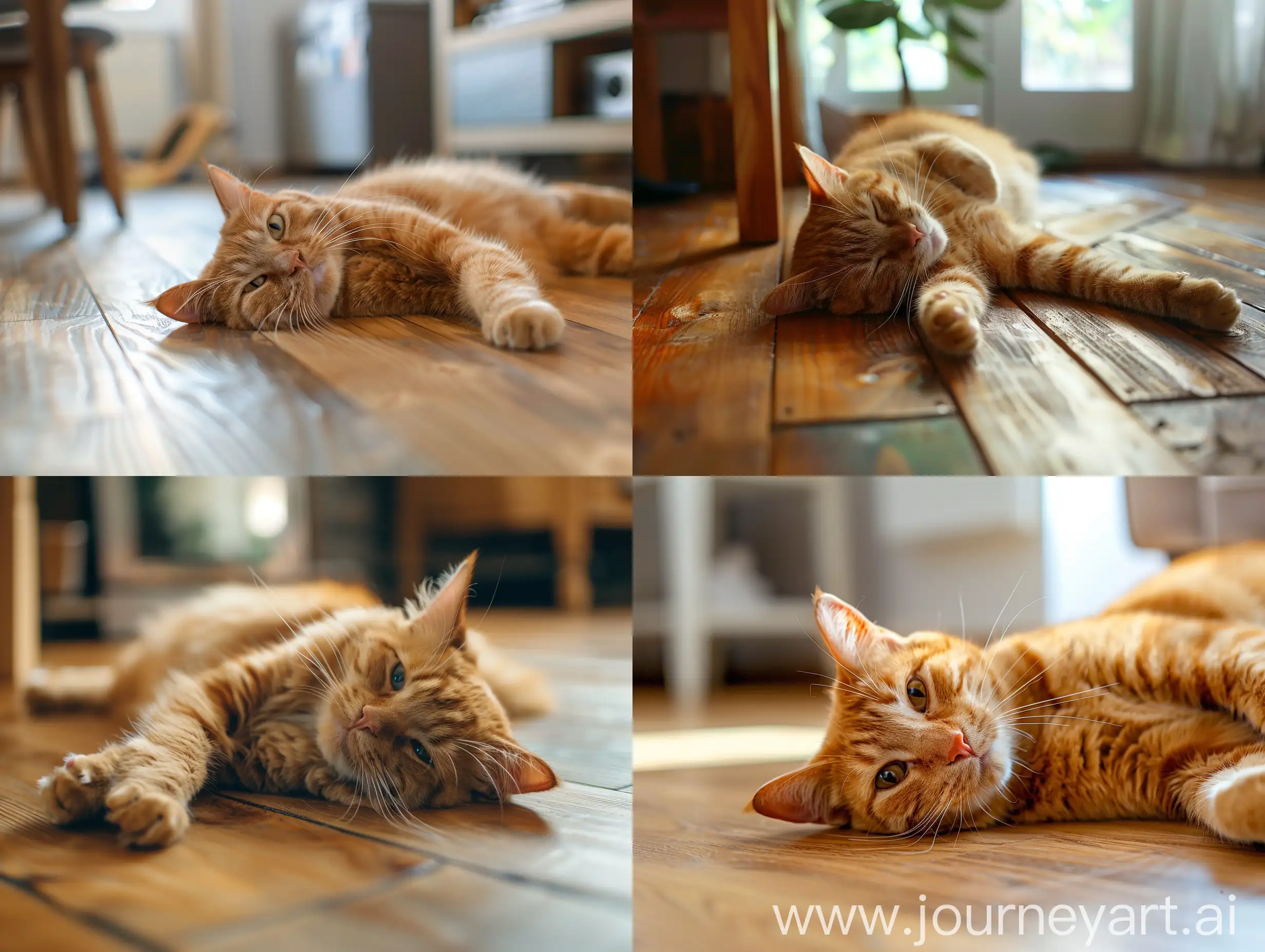 Ginger-Cat-Resting-on-Wooden-Floor-in-Cozy-Apartment