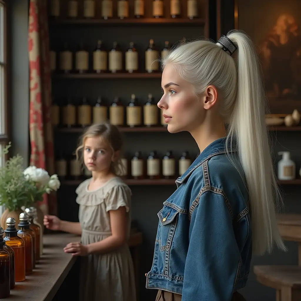 experimental shot: view from afar, European pretty and kind young lifelike woman twenty years old, strong-willed strict face, simpled, with white long straight silk hair smoothly gathered in a high ponytail gray hair clip and light gray eyes, dressed in a short pleated vest and denim jacket, stands in an alchemical esoteric store looking at a shelf with perfumes of different shapes and colors, a girl with light curly hair in a sundress in the background, expressive concentrated face, esoteric goods, small different colored jars with potions lie on the shelves, small copper brass utensils, painting, spectacular lighting, ultra-realistic, high resolution, rich color palette, Hdr