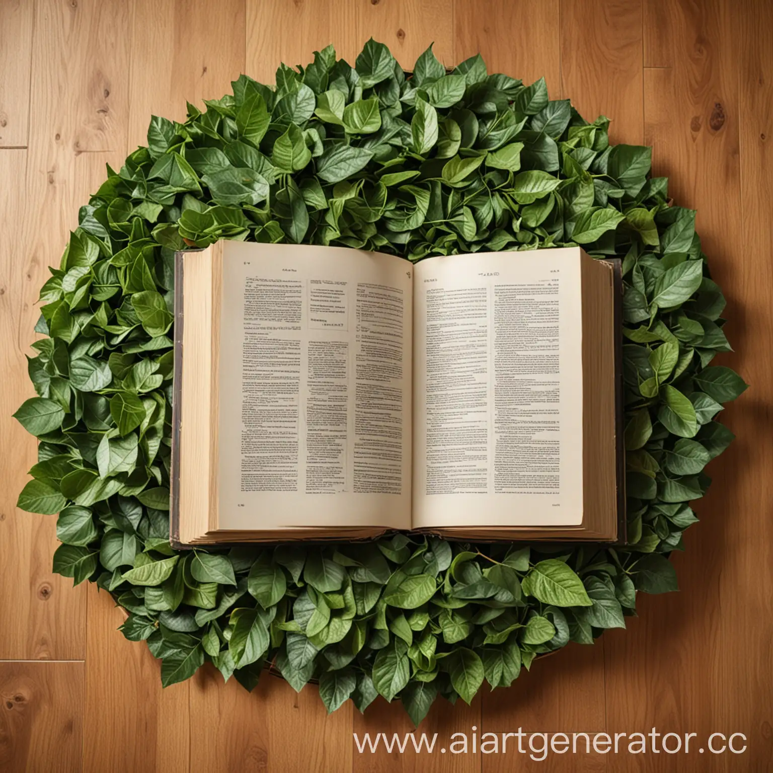 Open-Book-on-Green-Leaves-and-Wooden-Floor