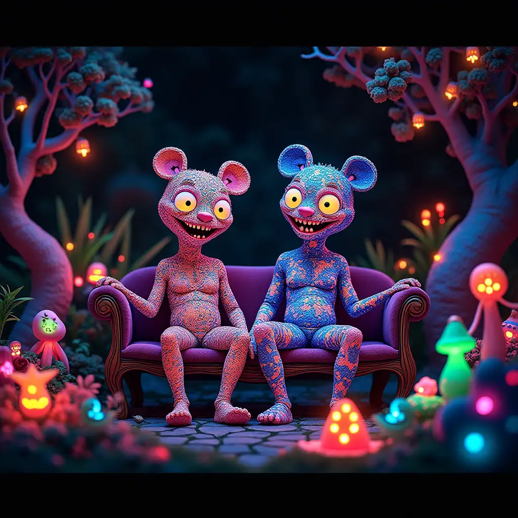 In this vibrant scene, a rainbow bioluminescent fluid adorns the surroundings, casting a spectacular array of colors across a whimsical garden. Two humans sit on a couch in this radiant oasis, each featuring exaggerated traits that enhance the fantastical atmosphere. Their multi-colored skin, large circular eyes, and wide-open mouths with visible teeth contribute to the lively ambiance. The mesmerizing glow of the fluid transforms the garden into a magical realm, wrapping around objects and decorations to create a dazzling display of harmonious hues that dance alongside the figures. The radiant colors infuse the scene with an otherworldly energy, celebrating vivid creativity. The garden features similarly styled objects, all immersed in the fluid's vibrant glow. Every detail, from the figures' patterns to their surroundings, adds to the kaleidoscopic beauty defining this fantastical scene. This captivating display invites viewers into a world where imagination flourishes, turning a simple garden into a radiant haven of delight, celebrating diversity and the joyful fusion of the whimsical and the magical.