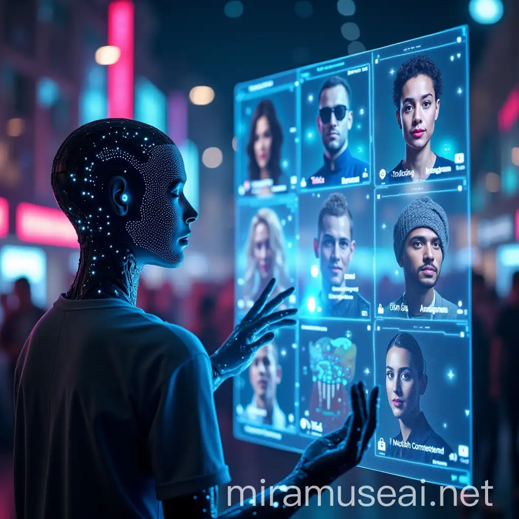 Futuristic AI Narrator in Digital Celebrity Storytelling Scene