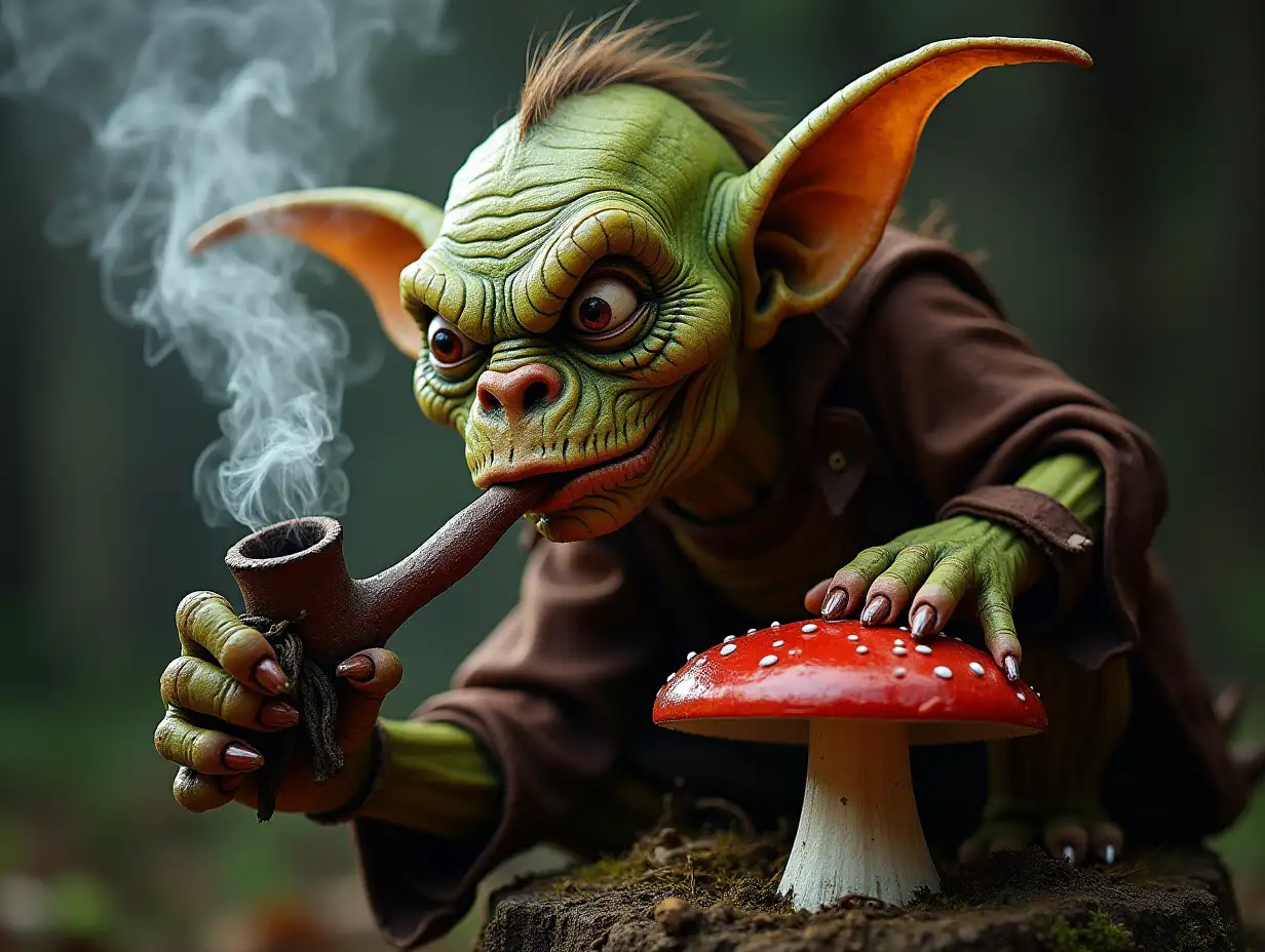 Evil-Goblin-Smoking-Pipe-on-Mushroom-in-Enchanted-Forest