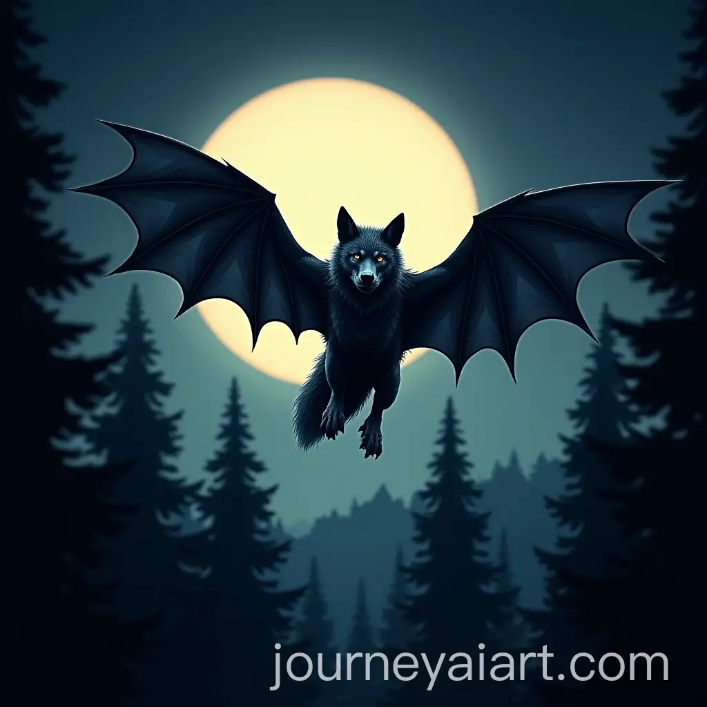 Mythical-WolfBat-Creature-Flying-Over-a-Moonlit-Forest