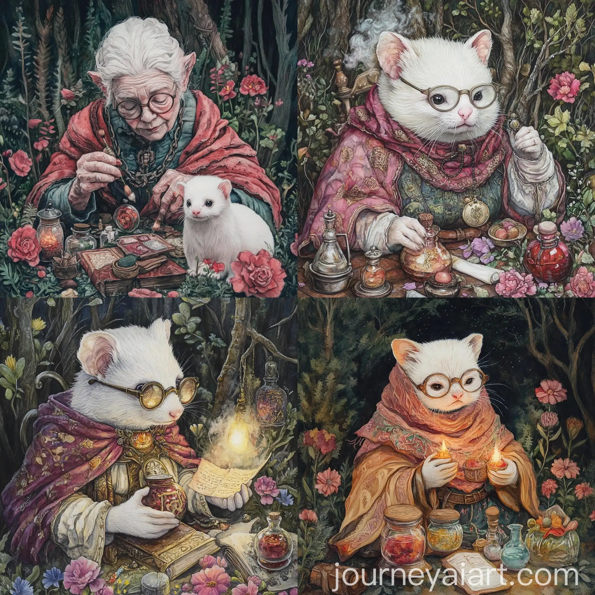 Albino-Ferret-Artificer-Surrounded-by-Magical-Potions-in-Enchanted-Forest