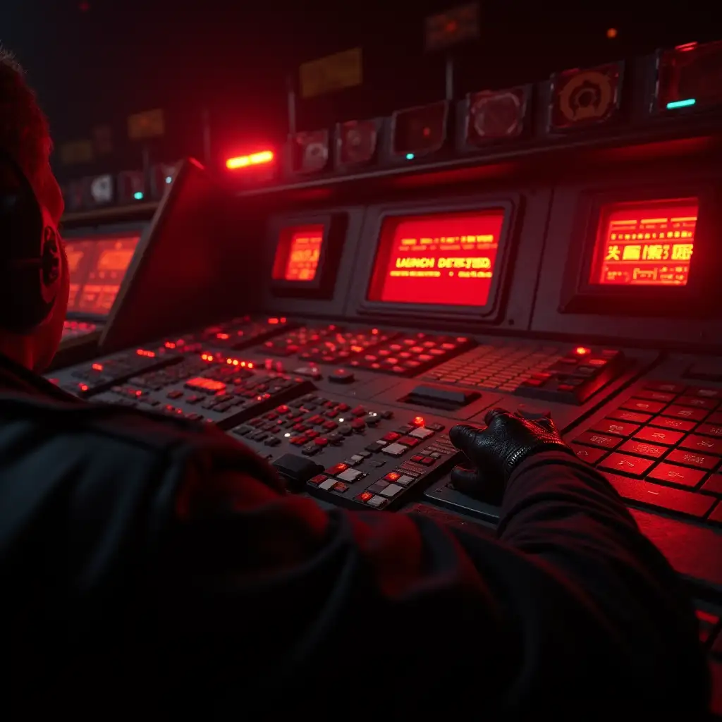 A first-person view of a control panel as bright red warning lights suddenly flash. The officer’s gloved hands jerk back from the keyboard as a piercing alarm blares. A small screen reads 'LAUNCH DETECTED' in harsh Soviet-style text.