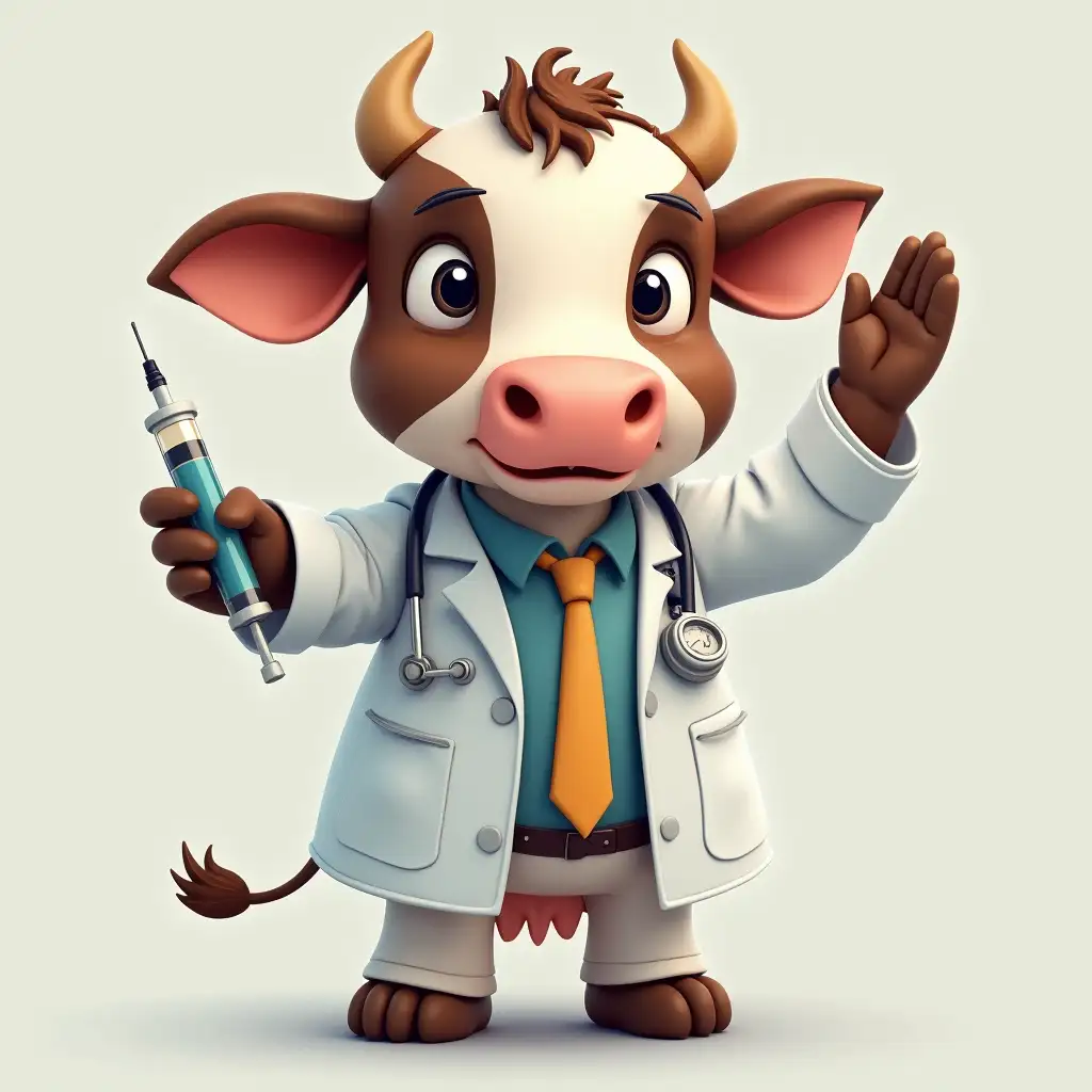 a cow wearing a doctor's coat and holding an injection