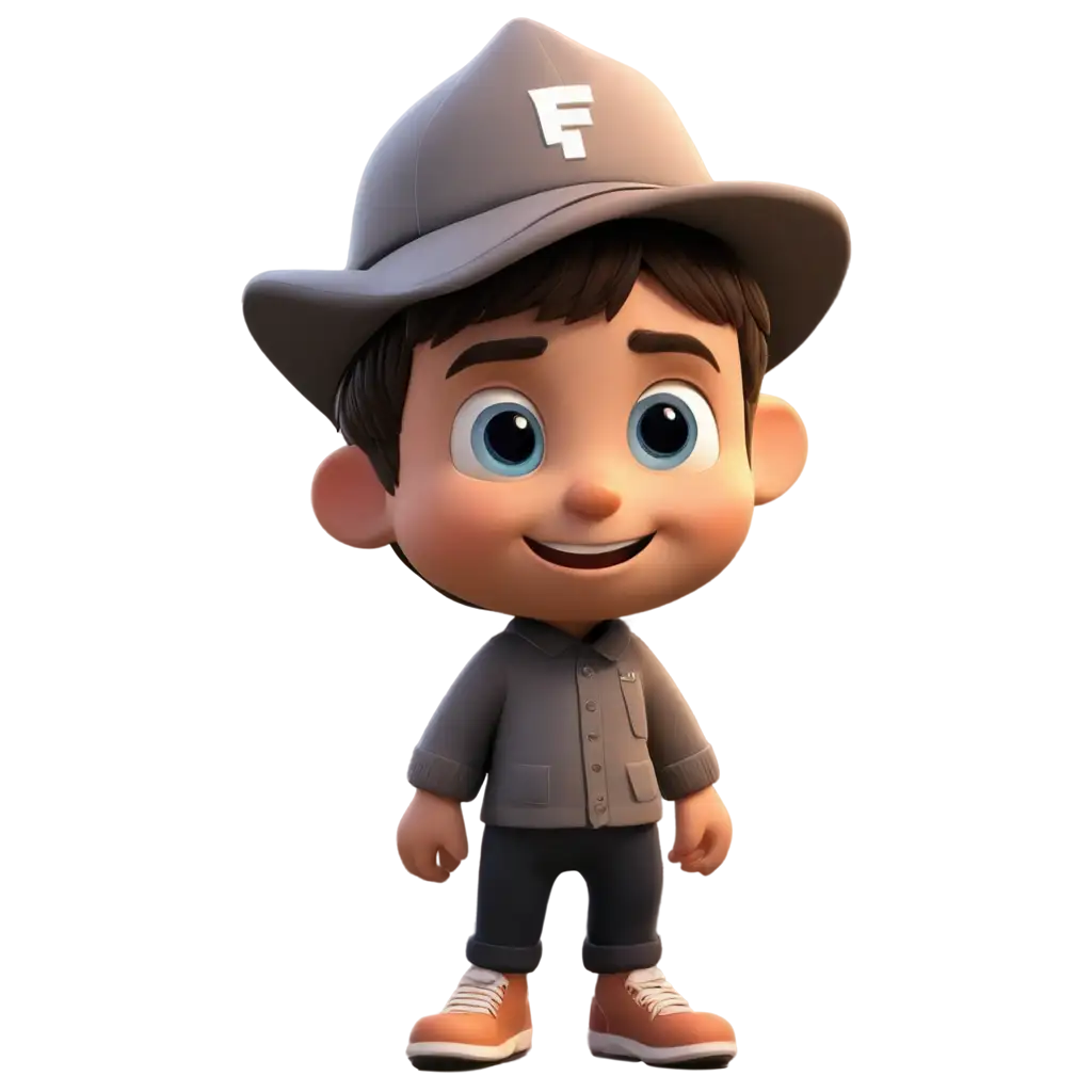 Small cute computer generated 3D boy character wearing a hat that says FP