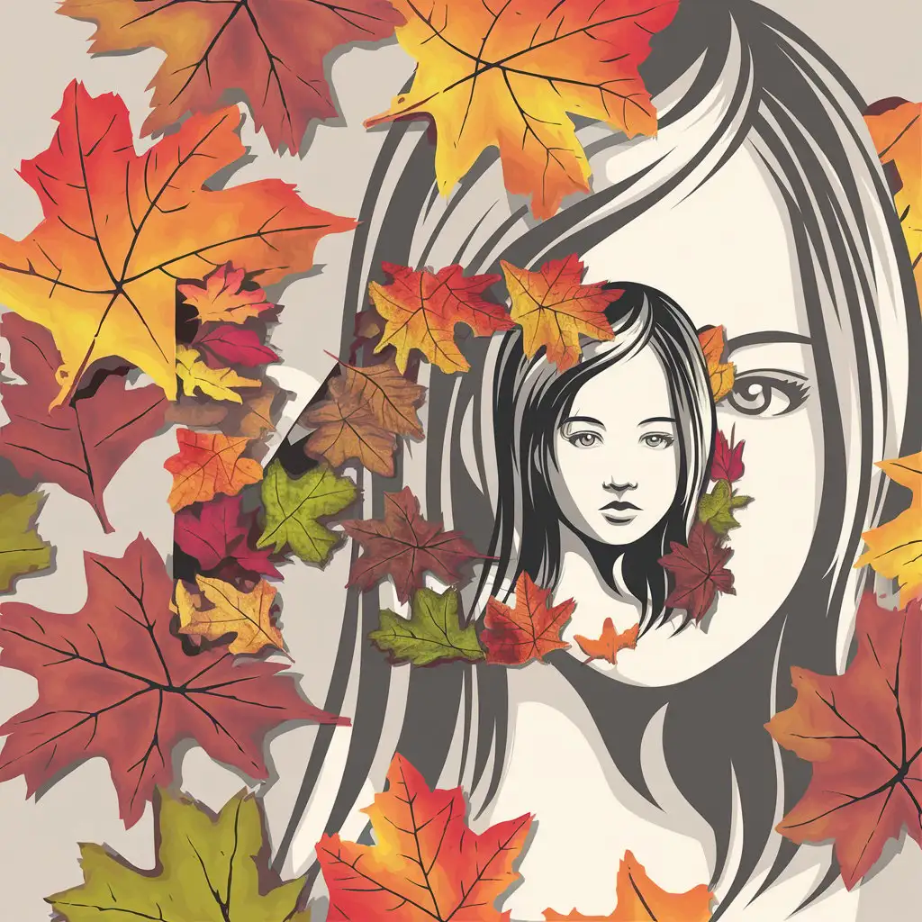 a vector logo design,with the text "K.D", main symbol:Logotype, stylization,  from a set of multi-colored autumn leaves, faces of a young girl with long hair drawn in a mosaic.,Moderate,clear background