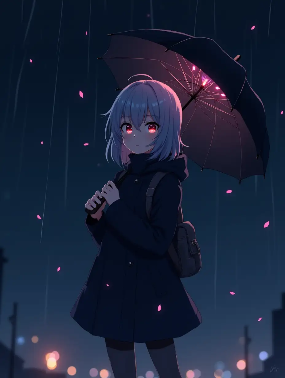 beautiful anime artwork， a cute anime girl standing alone at night darkness wearing an oversized black raincoat with a small bag. she is holding a black umbrella， the umbrella has multicolored LED hidden inside that shine down on her， small rose petals flutter through the air around her， anime screencap style， red eyes， medium hair