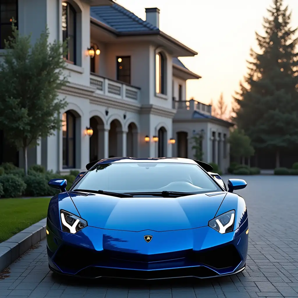 Metallic-Blue-Lamborghini-Aventador-in-Front-of-a-Luxury-Mansion-with-Empty-Street-and-a-45YearOld-Woman