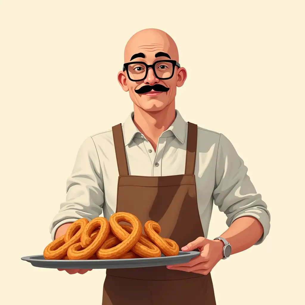 Create an illustration with a man, bald, no mustache or beard, with square black glasses, and dressed as a churro vendor with a tray of Spanish churros in his hands.