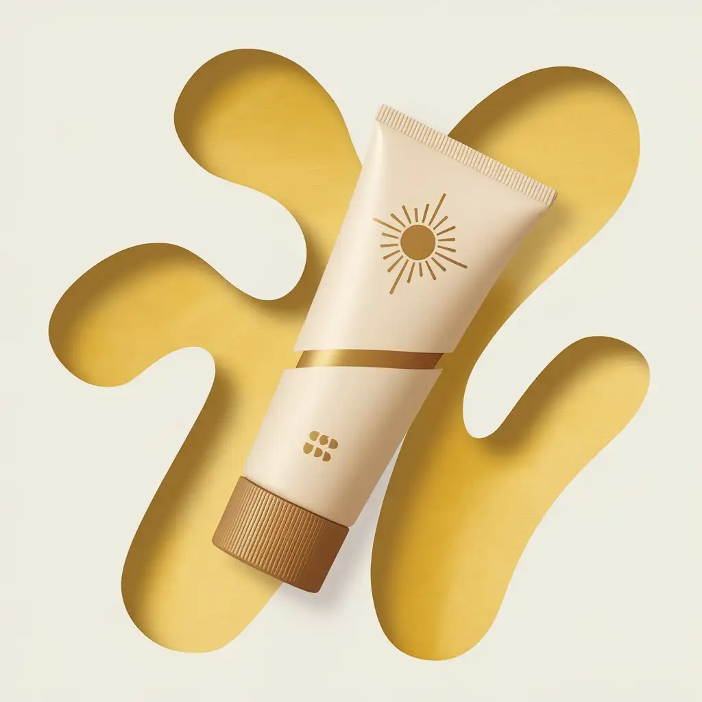 a cream tube, white background, abstract yellow shapes in the background, minimalist design, golden sun symbol on the tube, yellow and gold colors, motion design, product view