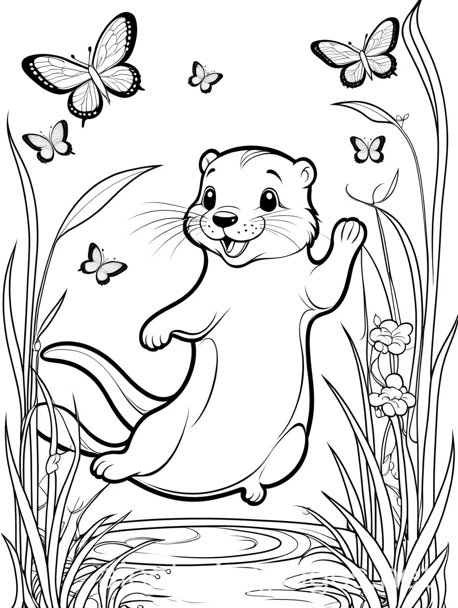 cute young Otter jumping with butterflies, Coloring Page, black and white, line art, white background, Simplicity, Ample White Space. The background of the coloring page is plain white to make it easy for young children to color within the lines. The outlines of all the subjects are easy to distinguish, making it simple for kids to color without too much difficulty