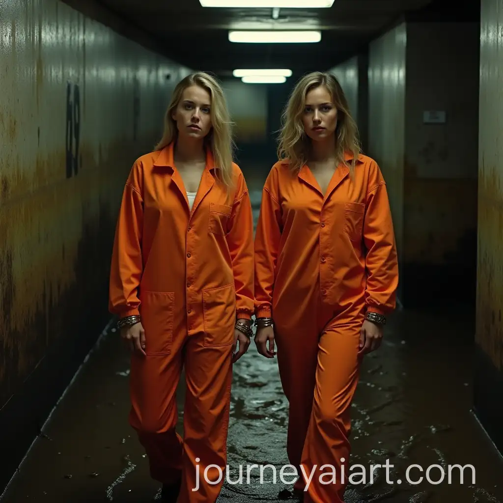 Two-Female-Prisoners-in-Orange-Jumpsuits-in-MudFilled-Sewers
