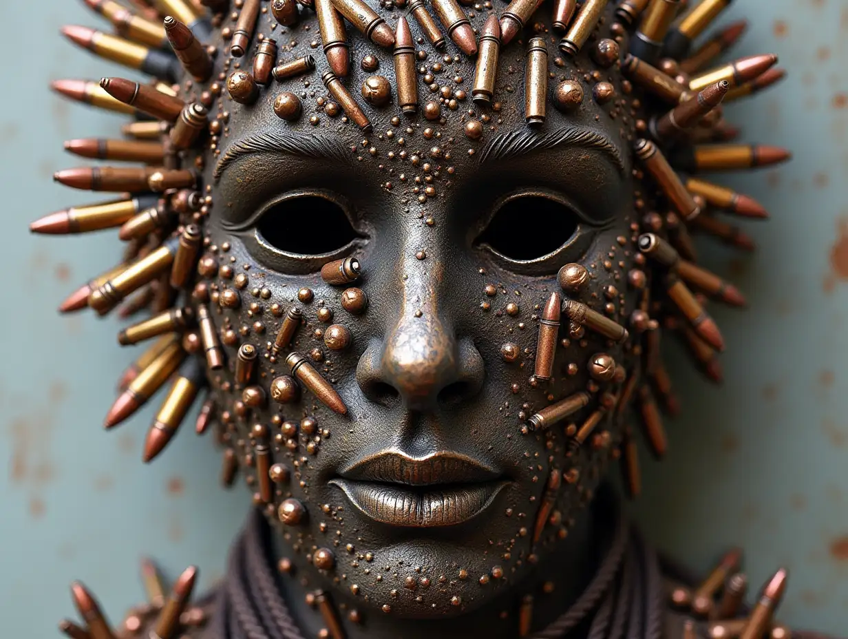 Face made of iron and steel Bullets and wire turned into buildings