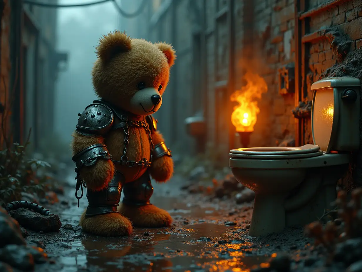 Creating a digital photo of a teddy bear with metal armor slime hairs, that gets into a building with brown soup worms and illuminated toilet with rust from iron and a river with floating paint fog and rusty lanterns and strange eerie creatures