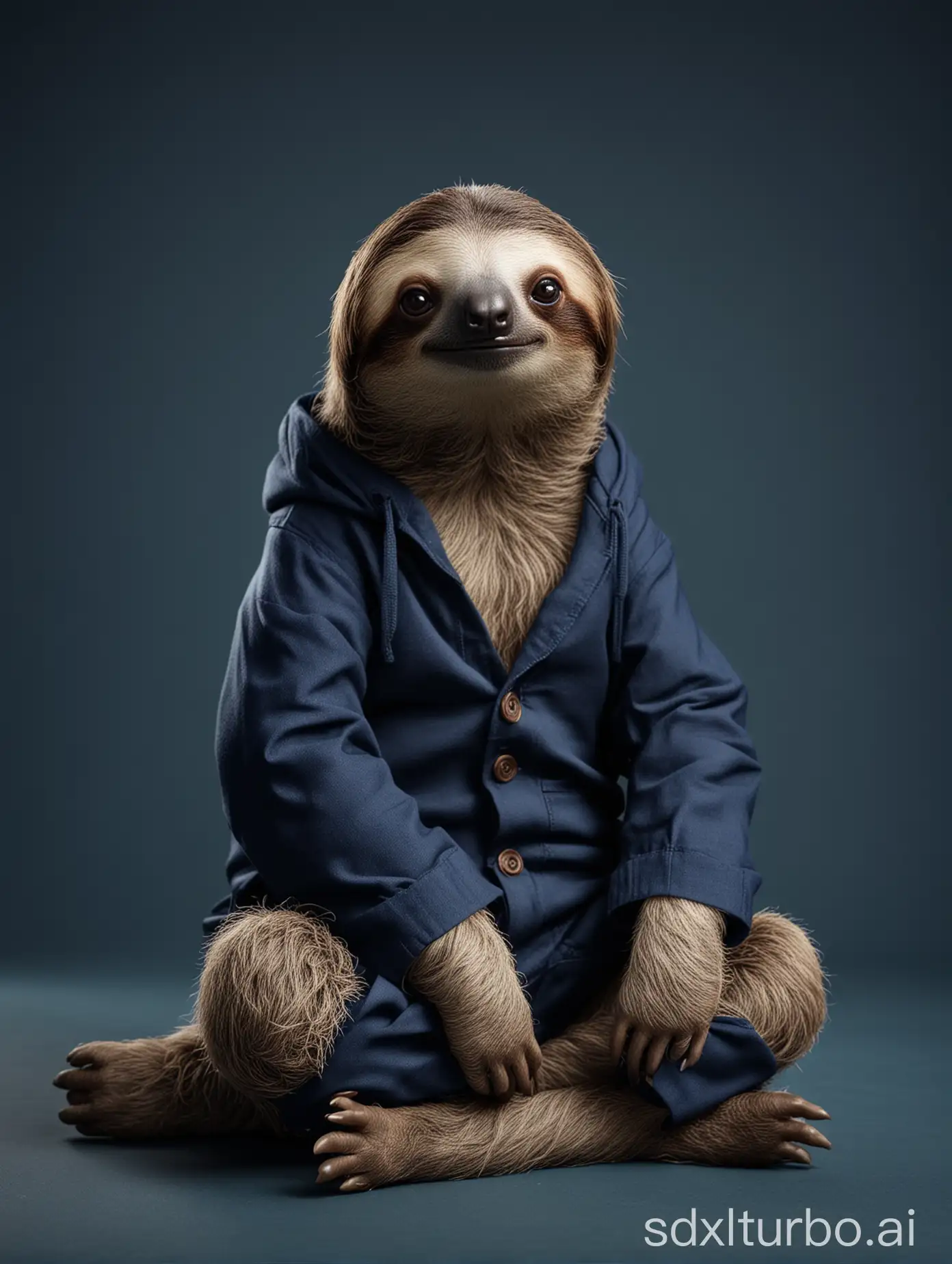 cute and stylish sloth in dark blue clothes sitting and looking confused and cute and his whole body is in the frame