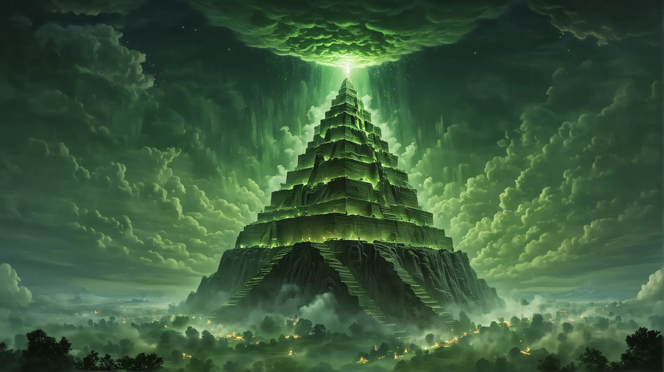 Floating Ziggurat Emitting Green Beam in Sky with Fireballs