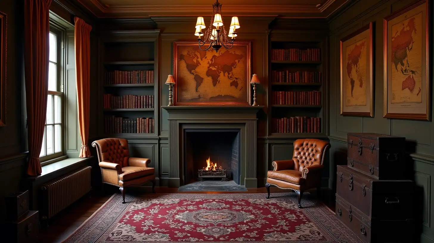 mysterious old-fashioned office/parlor with a fireplace and chandelier. Secret doors behind book shelves and map paintings. Several antique trunks next to the wall.